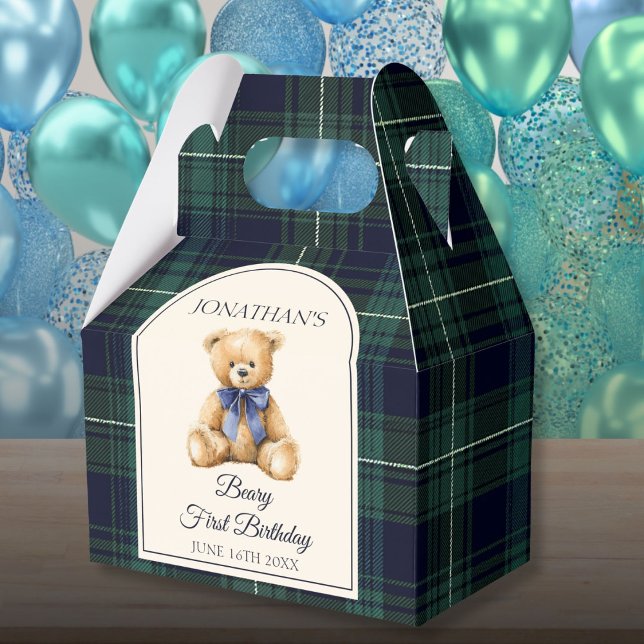 Preppy Blue Bow Teddy Bear Tartan Birthday  Favor Box (Creator Uploaded)