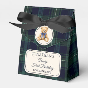 Preppy Blue Bow Teddy Bear Tartan Birthday Favour Favor Box