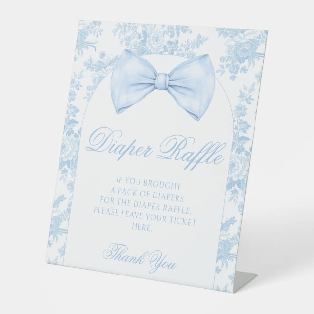 Preppy Blue Bow Tie Baby Boy Shower Diaper Raffle Pedestal Sign (Front)