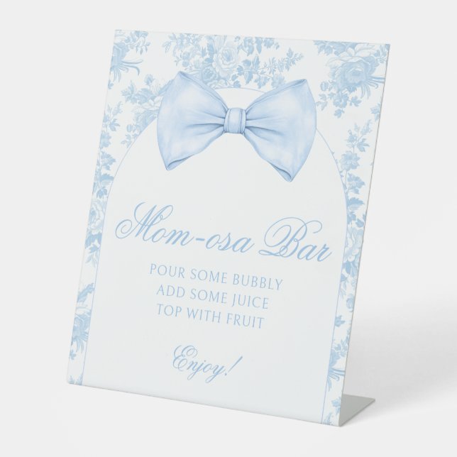 Preppy Blue Bow Tie Mimosa Mom-osa bar Baby Shower Pedestal Sign (Front)