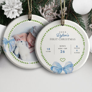 Preppy Blue Bows Baby's First Christmas Photo Ceramic Ornament