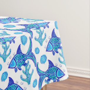 Preppy Blue Fish Pattern Coastal Beach House Boat  Tablecloth