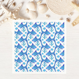 Preppy Blue Fish Pattern Coastal Style Napkin