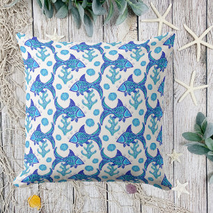 Preppy Blue Fish Pattern Throw Pillow