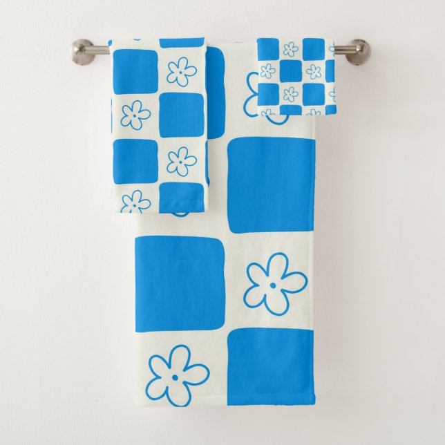 Preppy Blue Flower Chequered Pattern Bath Towel Set (Insitu)