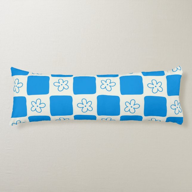 Preppy Blue Flower Chequered Pattern Body Pillow (Front)