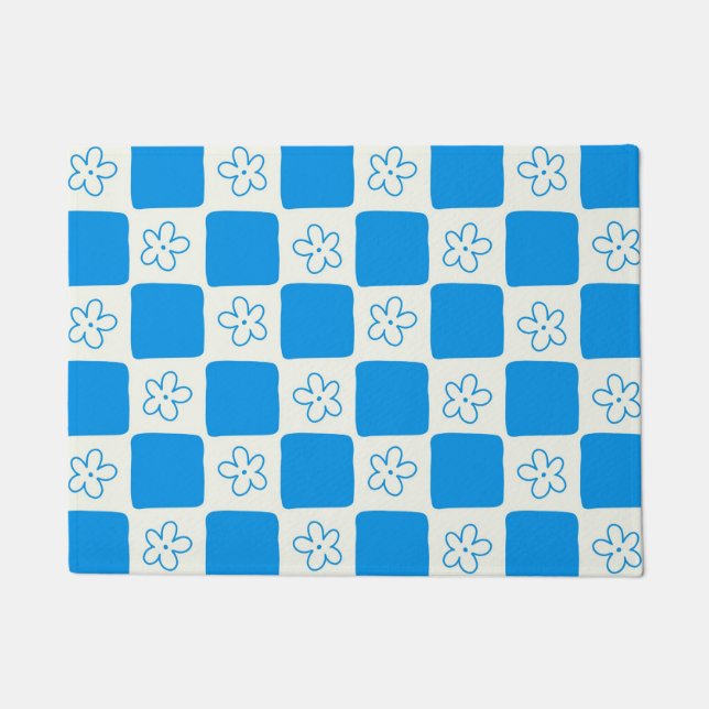 Preppy Blue Flower Chequered Pattern Doormat (Front)