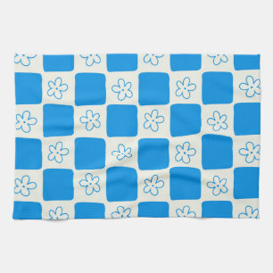 Preppy Blue Flower Chequered Pattern Kitchen Towel