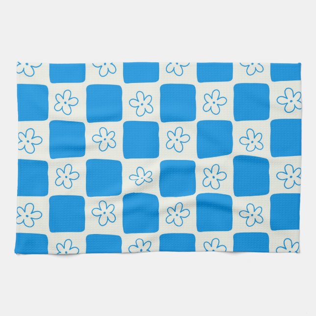 Preppy Blue Flower Chequered Pattern Kitchen Towel (Horizontal)