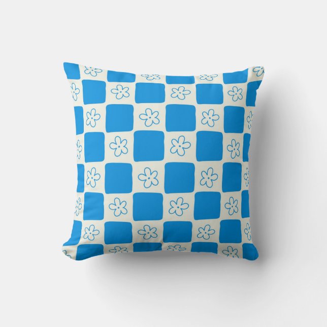 Preppy Blue Flower Chequered Pattern Throw Pillow (Front)