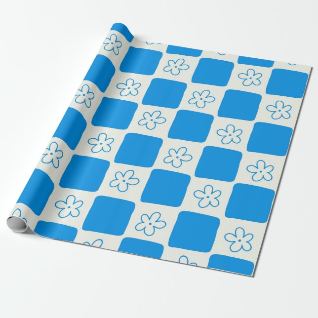 Preppy Blue Flower Chequered Pattern Wrapping Paper (Unrolled)