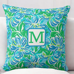 Preppy Blue Flowers Monogram Throw Pillow