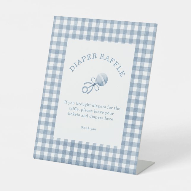 Preppy Blue Gingham Boy Baby Shower Diaper Raffle Pedestal Sign (Front)