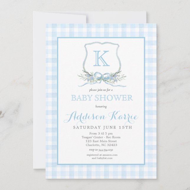 Preppy Blue Gingham Crest Baby Shower Invitation (Front)