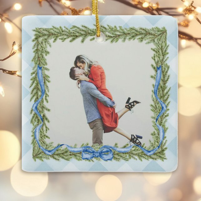 preppy blue gingham photo Christmas Ceramic Ornament (Creator Uploaded)