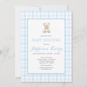 Preppy Blue Gingham Teddy Bear Baby Shower Invitation