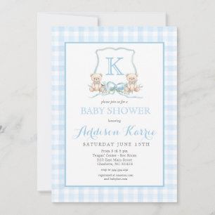 Preppy Blue Gingham Teddy Bear Baby Shower Invitation