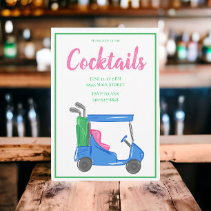 Preppy Blue Golf Cart Cocktail Party Stylish Golf Invitation