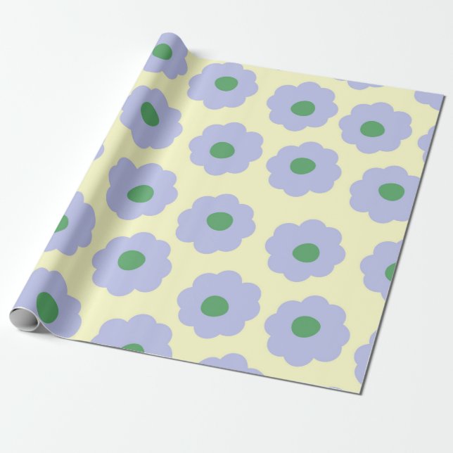 Preppy Blue Green Cute Hippie Flower Pattern Wrapping Paper (Unrolled)