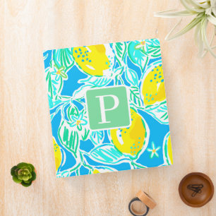Preppy Blue Lemon Pattern Initial Binder