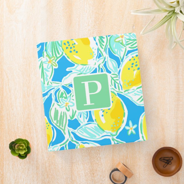 Preppy Blue Lemon Pattern Initial Binder (In Situ)