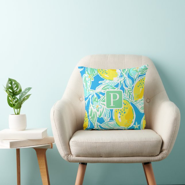 Preppy Blue Lemon Pattern Initial Pillow (Chair)