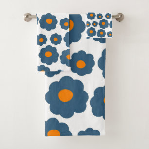 Preppy Blue Orange Hippie Flower Pattern Bath Towel Set