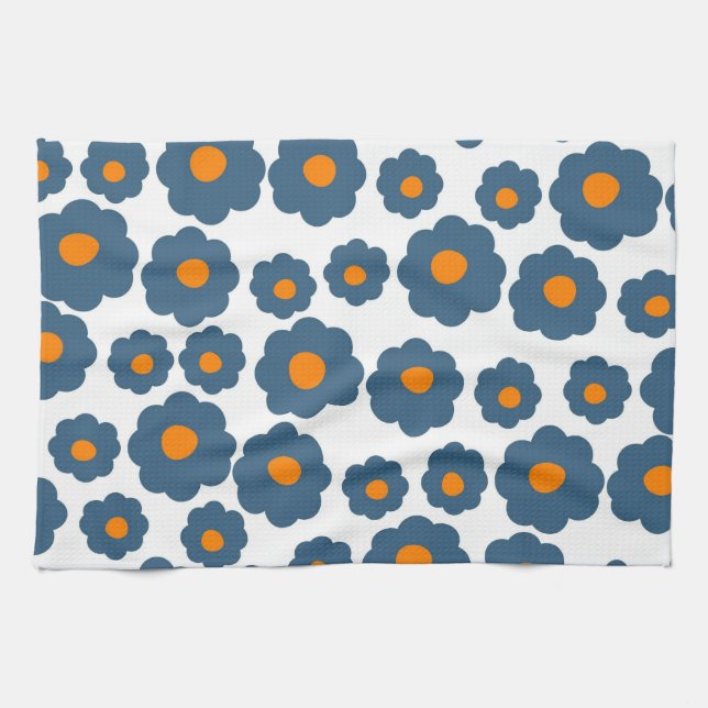 Preppy Blue Orange Hippie Flower Pattern Kitchen Towel (Horizontal)