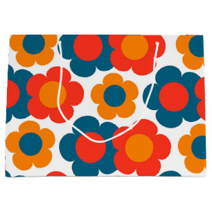 Preppy Blue Orange Hippie Flower Pattern Large Gift Bag