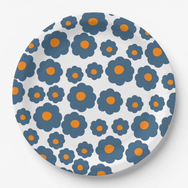 Preppy Blue Orange Hippie Flower Pattern Paper Pla Plate (Front)