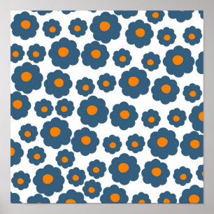 Preppy Blue Orange Hippie Flower Pattern Poster
