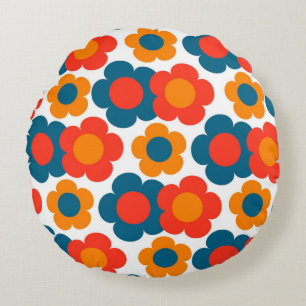 Preppy Blue Orange Hippie Flower Pattern Round Pillow