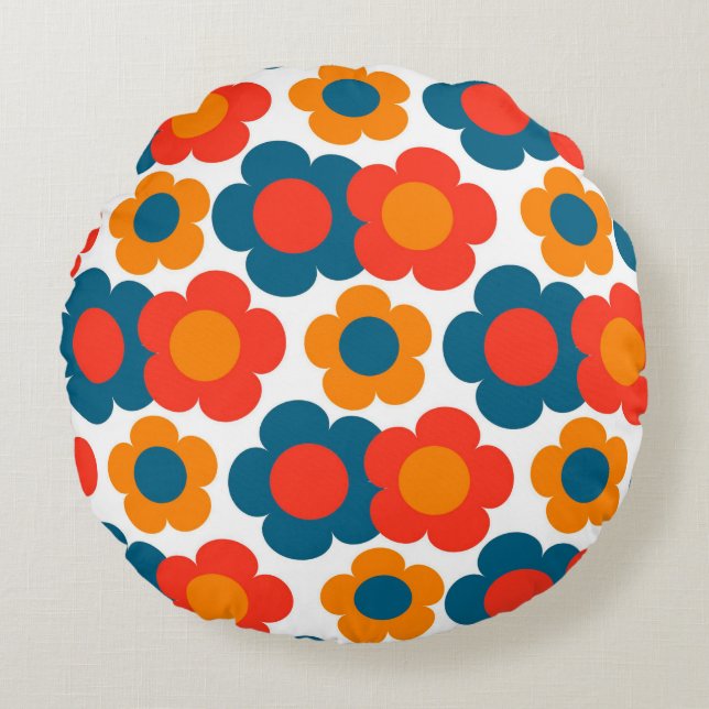 Preppy Blue Orange Hippie Flower Pattern Round Pillow (Front)