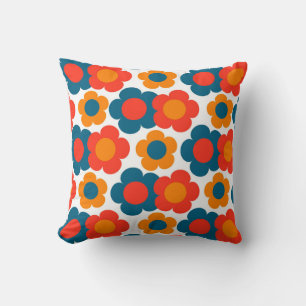 Preppy Blue Orange Hippie Flower Pattern Throw Pillow