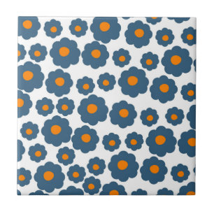 Preppy Blue Orange Hippie Flower Pattern Tile