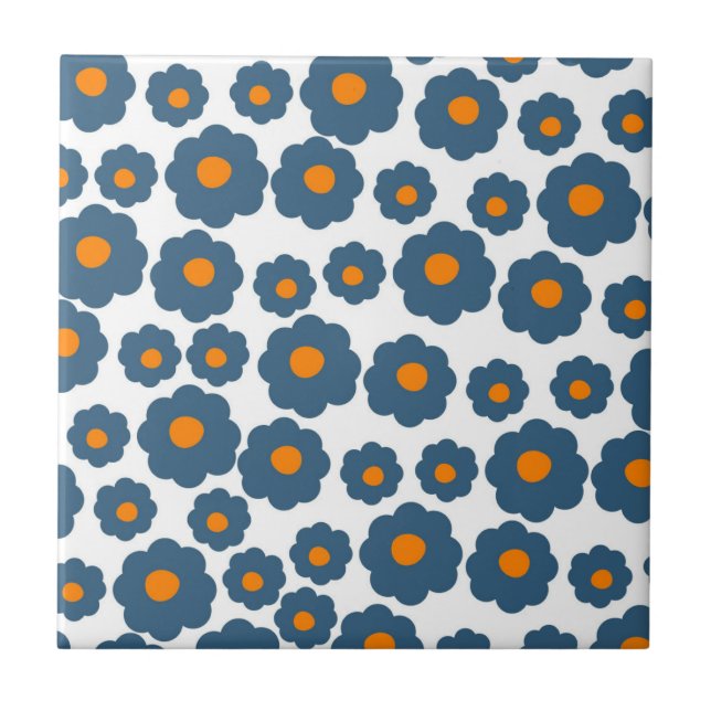 Preppy Blue Orange Hippie Flower Pattern Tile (Front)