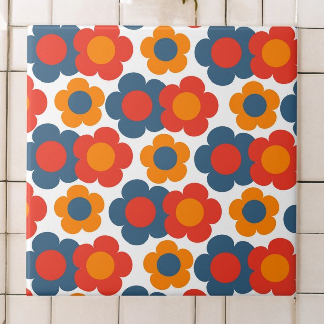 Preppy Blue Orange Hippie Flower Pattern Tile (Creator Uploaded)