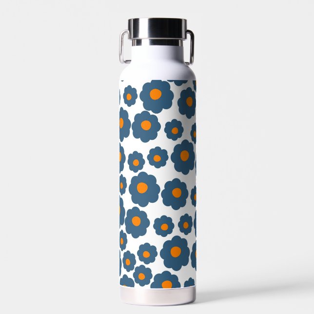 Preppy Blue Orange Hippie Flower Pattern Water Bottle (Front)