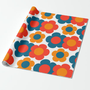 Preppy Blue Orange Hippie Flower Pattern Wrapping Paper