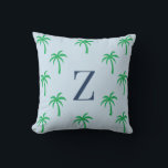 Preppy Blue Palm Tree Monogram Pillow<br><div class="desc">Preppy Blue Palm Tree Monogram Pillow | Personalized Tropical Dorm Decor | Palm Beach Style Initial Throw Pillow Add a soft preppy touch to your space with this personalized blue palm tree monogram pillow. Featuring a soft blue background with scattered green palm trees, this design captures a relaxed Palm Beach...</div>