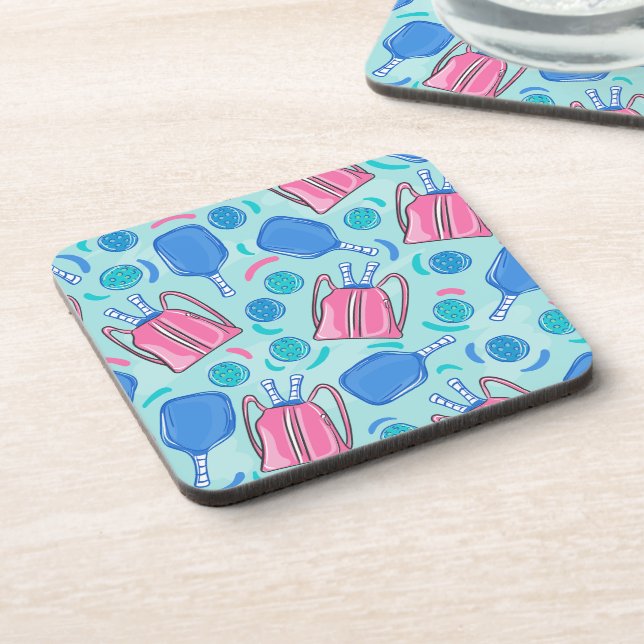 Preppy Blue Pickleball Paddle & Ball Pattern Coaster (Left Side)