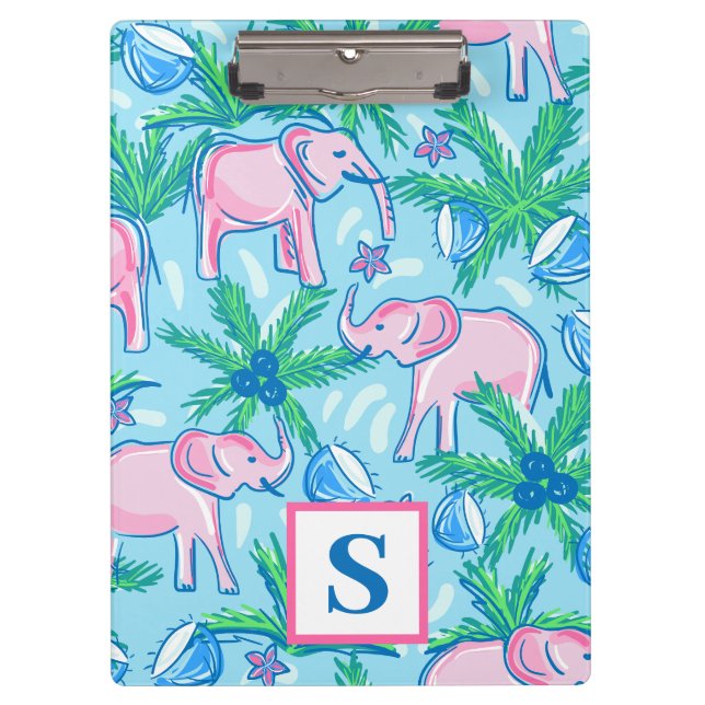 Preppy Blue Pink Green Elephant Monogram Clipboard (Front)