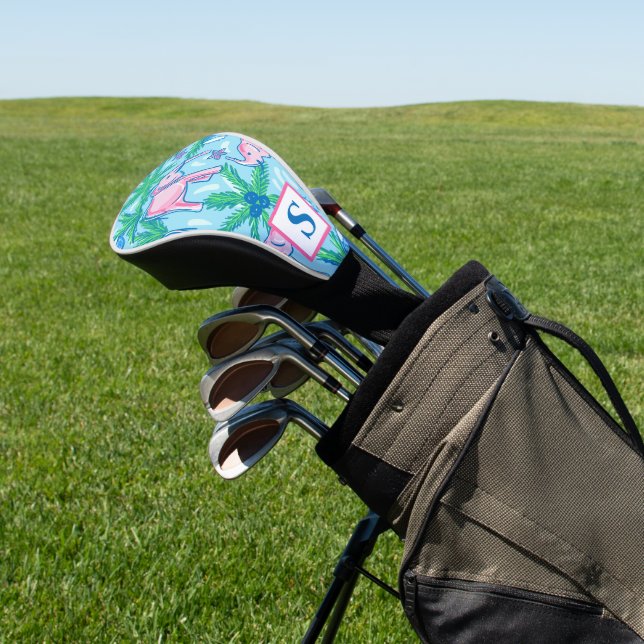 Preppy Blue Pink Green Elephant Monogram Golf Head Cover (In Situ)