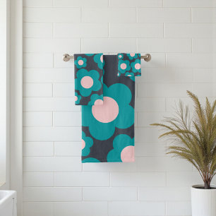 Preppy Blue Pink Hippie Flower Pattern Bath Towel Set