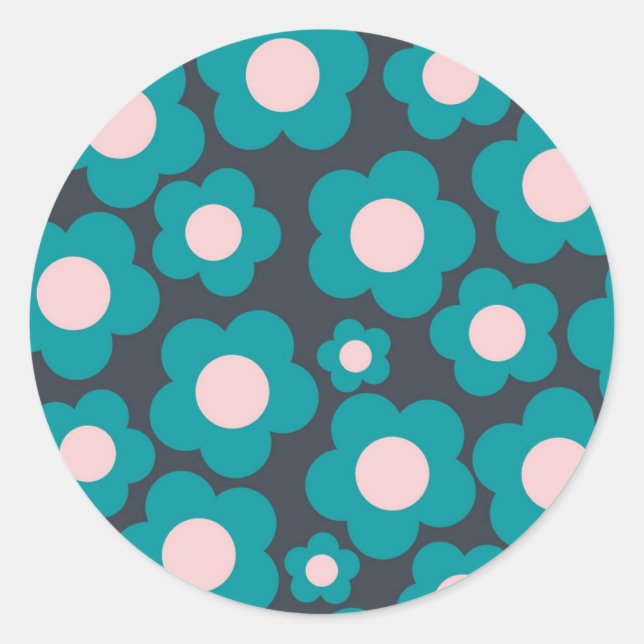 Preppy Blue Pink Hippie Flower Pattern Classic Round Sticker (Front)