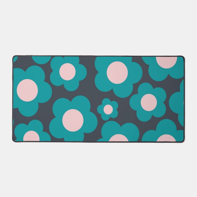 Preppy Blue Pink Hippie Flower Pattern Desk Mat (Front)