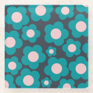 Preppy Blue Pink Hippie Flower Pattern Glass Coaster
