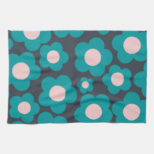 Preppy Blue Pink Hippie Flower Pattern Kitchen Towel