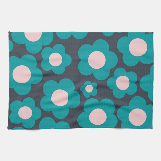 Preppy Blue Pink Hippie Flower Pattern Kitchen Towel (Horizontal)