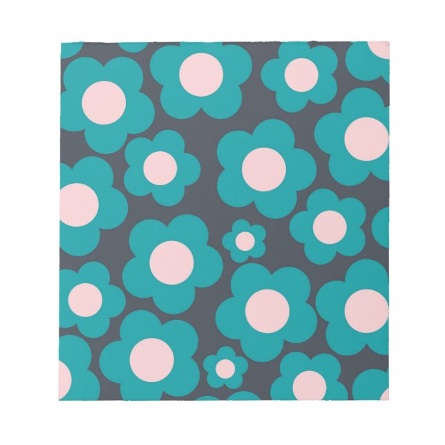 Preppy Blue Pink Hippie Flower Pattern Notepad (Front)